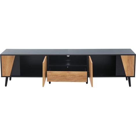 Mobile TV basso 180 x 40 x 46 cm con 2 ante e 1 cassetto, nero e effetto legno, MODENUIT (1/5)