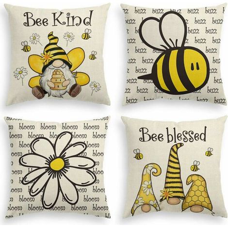 Watercolor Daisy Bee Kind Gnome Flower Throw Pillow Cover, 18 x 18 Inch Summer Holiday Party Cushion Case for Sofa Couch Set of 4 (1/5)