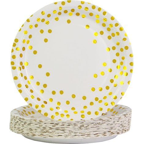 Lot de 50 assiettes en carton pour fêtes, assiettes blanches et dorées de 18 cm, vaisselle jetable pour fêtes (1/5)