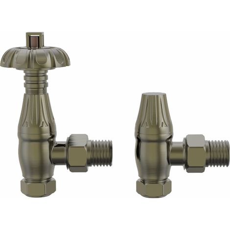 Traditional Thermostatic TRV Antique Design Angled Radiator Rad Valves Pair Polished Antique Brass (1/4)