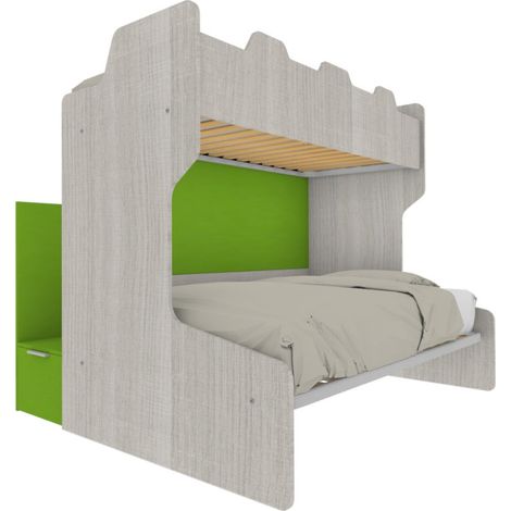 Letto a castello salvaspazio con scala contenitore - 1 Piazza e mezza + singolo - Rovere rock e Verde mela