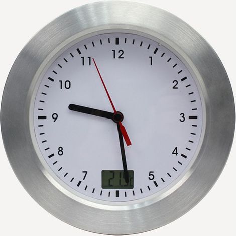 MyTime Bath horloge avec affichage température et horloge radiopilotée avec cadre aluminium brossé, ventouse et support pour montage sur la table, blanc/argenté