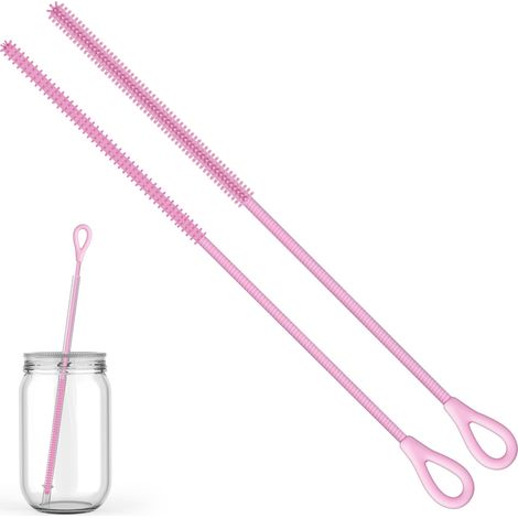 Lot de 2 brosses à paille en silicone, avec trou de suspension, flexibles, réutilisables, pour métal, verre, pailles à smoothie, biberons, 6 mm + 9 mm (rose) (1/5)
