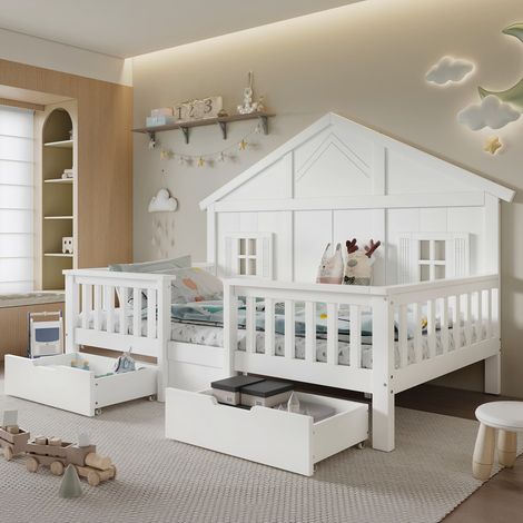 Lit enfant en bois cabane 90 x 200 cm avec rangements : 2 grands tiroirs sur roulettes, fenêtres et toit décoratifs, Lit Mezzanin sommier à lattes stable , gain de place pour chambre d'enfant