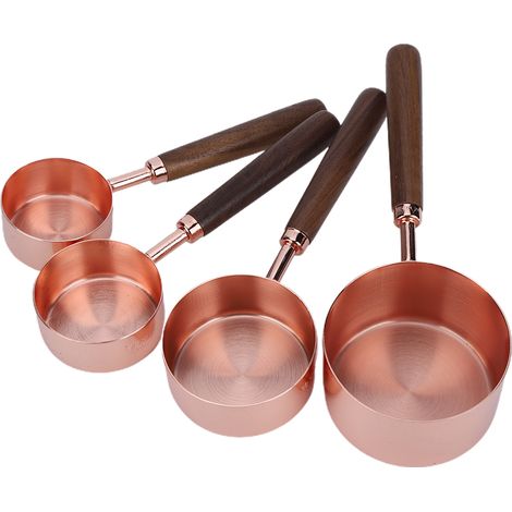 4-teiliges roségoldenes Messlöffel- und Messbecher-Set mit dicken Holzgriffen zum Backen (1/5)