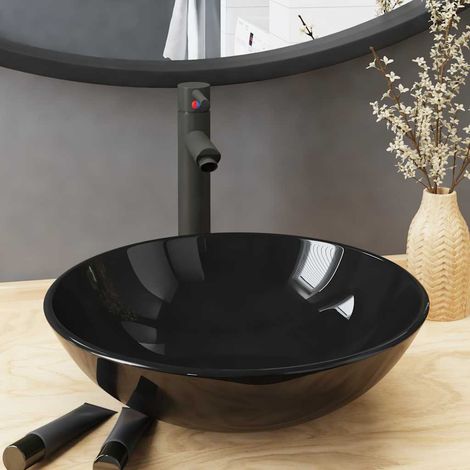 vidaXL Lavabo de bain avec robinet et drain à poussoir Verre trempé (1/5)