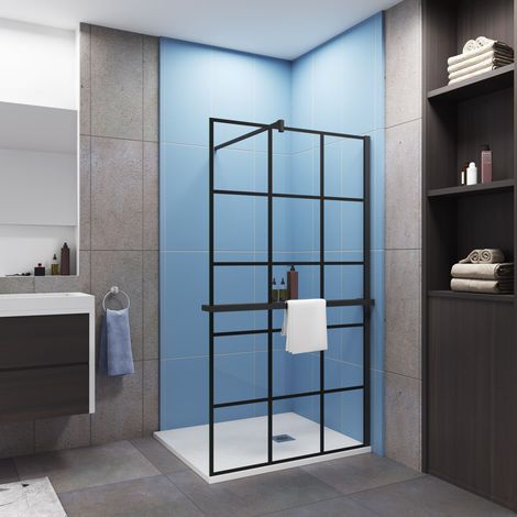 Paroi de douche à l'italienne sérigraphie brique 80x200cm installé avec une barre de fixation carré en 140cm,livré avec étagère de douche noir
