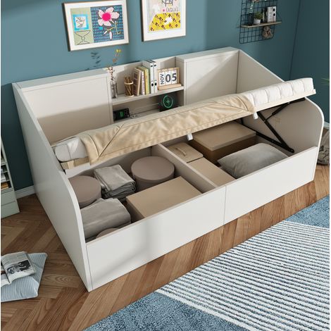 Tagesbett Holz Weiß 90x200 cm mit hydraulischem Stauraum, Lattenrost und USB/Type-C-Ladestation (1/5)