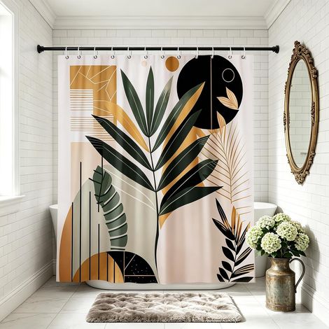 Rideau de Douche Anti Moisissure Moderne, 80x200cm, Vert Abstrait Feuille, Contemporain Polyester, Imperméable, pour Salle de Bain, avec Crochets (1/5)