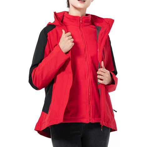 3-in-1-Bergsteigeranzug für Damen und Herren, wasserdichte und winddichte Jacke mit abnehmbarer Kapuze, Winter – Größe S – Damen, Rot