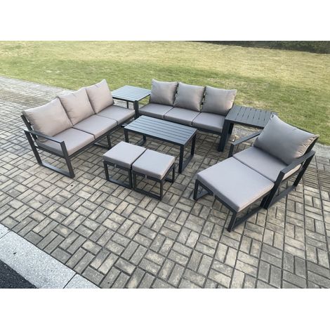 Fimous Aluminium 9 Pieces Garden Furniture Set with Cushions 10 Seater Outdoor Patio Lounge Sofa Set with Armchair 3 Footstools 2 Side Tables Dark Grey (1/5)