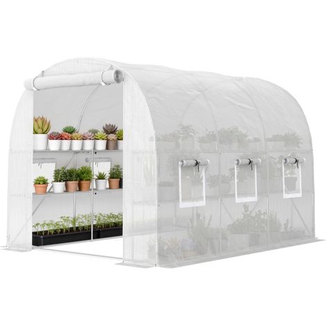 Serre en polyéthylène 2,7 x 2 x 2 m, tunnel de jardin avec étagères, mobile sur roues, porte à fermeture éclair, 6 fenêtres grillagées, piquets de soutien (1/5)