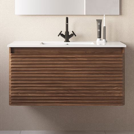 Meuble de salle de bain 100cm simple vasque - 2 tiroirs - sans miroir - noyer (bois foncé) - SUZA