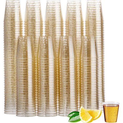 150 Verres à shot,Paillettes dorées,Plastique réutilisable,30ml,Fêtes et mariages