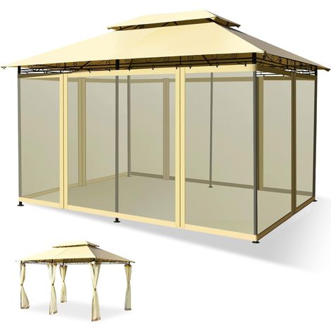 GOPLUS 3,9x2,9M Tonnelle de Reception,Chapiteau de Jardin avec Double Toit avec Moustiquaire Detachable et Armature Robuste, Gazebo pour Jardins pour Mariages, Barbecues, Pique-niques, Fetes (Beige) (1/5)