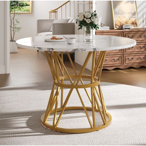 Mesa de comedor redonda 100x100x76 cm dorado en MDF con patas metálicas y pies ajustables (1/5)