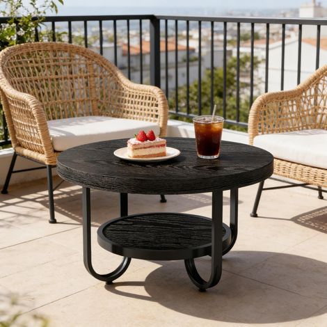 Mesa de centro redonda, tablero de 79 cm, 2 niveles, estante inferior de 50 cm, MDF y metal, negro (1/5)