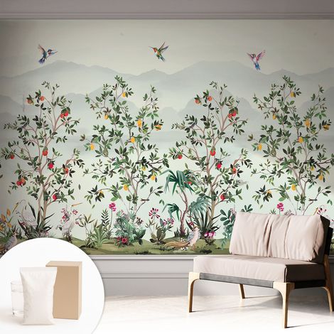 Tapete Vliestapete mit Kleber modern - Wanddeko für Küche - Klebefolie Wand - luxus Look Exotische Bäume 312x219 cm (1/5)