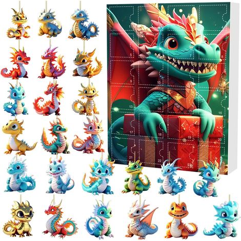 Calendrier de l'Avent 2024, décorations de Noël, 24 jours, cadeaux surprises, adorable bébé dragon 2D et magnifique pendentif de Noël de la série Dragon Festif (C, 1 pièce)