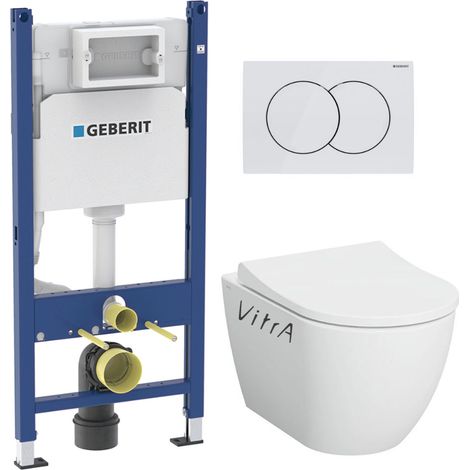 Pack WC Bati-support Geberit Duofix + WC sans bride Vitra S60 + Abattant SoftClose + Plaque Blanche (S60Geb3) (1/5)
