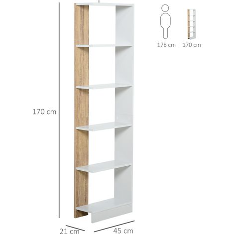 Bibliothèque fine à 5 niveaux, étagère de rangement moderne en bois peu encombrante, idéale pour la salle de bain, le salon, la chambre, le bureau ou le cabinet de travail, 45 x 21 x 170 cm, chêne et (1/5)