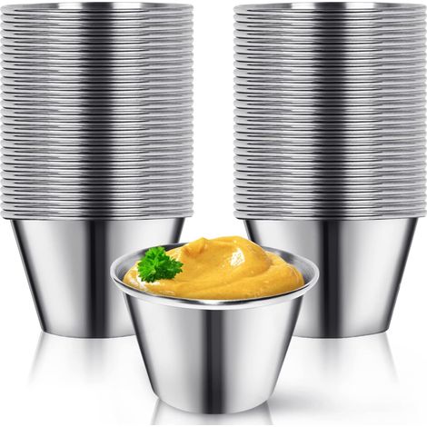 Lot de 55 Tasses à condiments, Acier inoxydable, Capacité 70,9 g, Bord roulé, Forme conique, Pour restaurant (1/5)