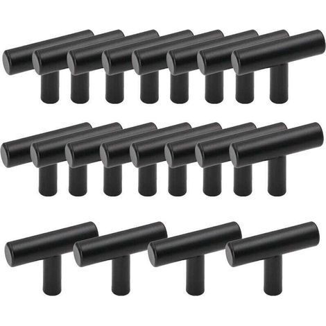 Juego de 20 manijas para muebles de cocina de acero inoable, barra en forma de T, manija negra para cajón y armario con tornillos (1/4)