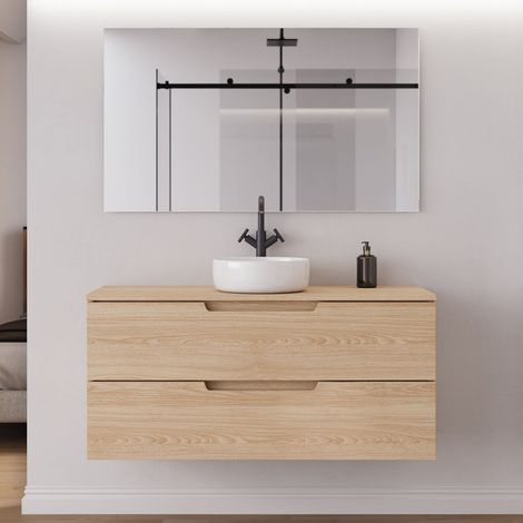 Meuble de salle de bain 120cm avec plateau et vasque à poser ronde - 2 tiroirs - roble era (chêne clair) - SONRIZA (1/5)
