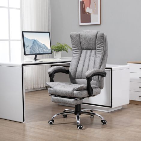HOMCOM Fauteuil de bureau massant chauffant, hauteur réglable, dossier inclinable, repose-pied, revêtement synthétique gris
