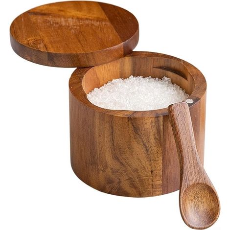 Deux pots à épices en bois avec couvercle et porte-cuillère inclus, salière, système de rangement à plusieurs niveaux, marron. (1/5)