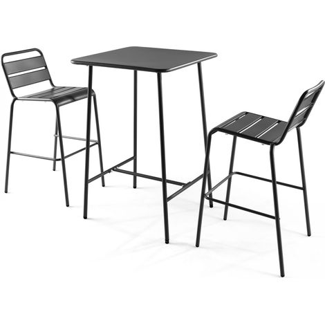Ensemble table de bar et 2 chaises hautes en métal gris - Palavas