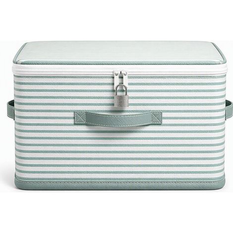 Coffre de rangement en tissu avec fermeture éclair et cadenas, vert clair à rayures, taille moyenne 38 × 26 × 26 cm (1/5)