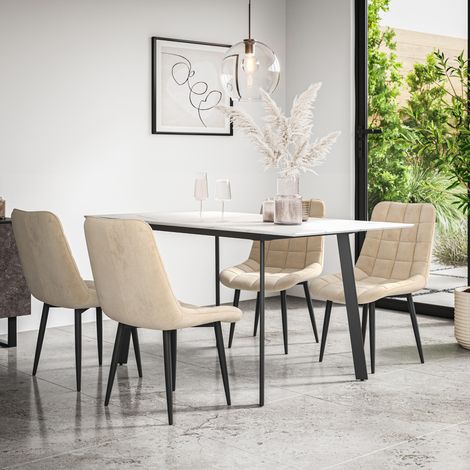 Haydon Extending Dining Table + Chairs- White Marble Effect Table Top w Black Legs + Nova Velvet Dining Chair Set Of 4 (Beige) (1/5)