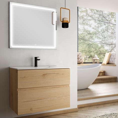 Meuble de salle de bain simple vasque - 2 tiroirs - MIG et miroir Led VELDI - 80cm (1/3)