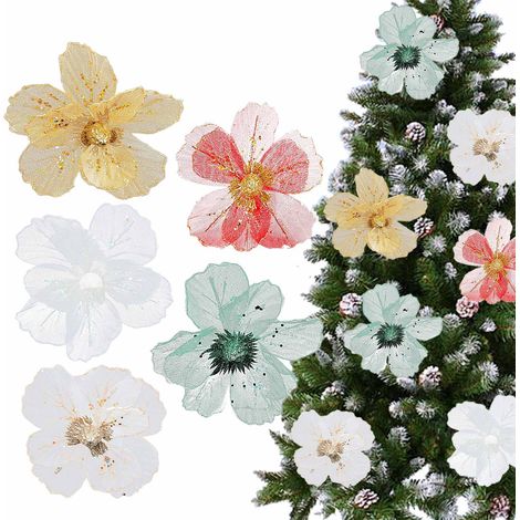(Weiß mit Goldrand + Weiß + Rot + Gold + Grün: 5-Farben-Kombination) 5 weihnachtliche Deko-Accessoires aus Netzgewebe, Stoffblumenarrangements für den Weihnachtsbaum, Partydekorationen, DIY-Kunstblume (1/3)