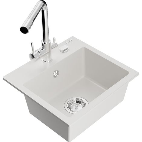 Mexen Milo lavello in granito a 1 vasca con rubinetto da cucina Duero, bianco - 6505-20-671600-00 (1/5)