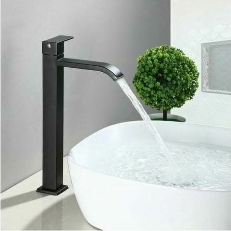 Waschbeckenarmatur – Edelstahl-Wasserfall-Mischbatterie – Schwarze, fußmontierte hohe Armatur für Waschbecken – Fest montiert mit vertikalem Hebel – 1-teilig (1/5)