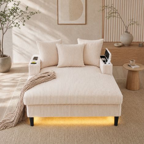 Méridienne 170x129x70 cm beige avec LED, USB, rangements et porte-gobelets en tissu MEUBLIV (1/5)