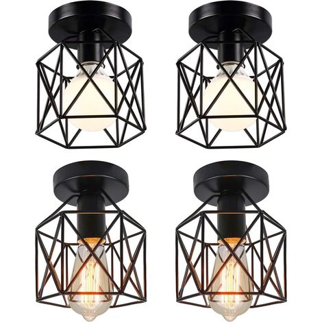 Lot de 4 plafonniers industriels, 14 cm, en fer forgé noir, style lanterne suspendue, luminaire pour chambre, entrée, café, bar (4 pièces)