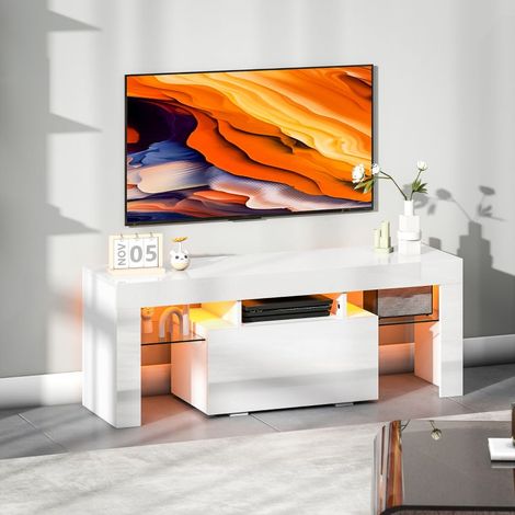 Mueble para TV con iluminación LED RGB, acabado brillante, estantes de cristal templado, 120x34x45cm, blanco.
