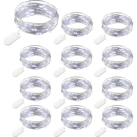 12 Packs Guirlandes Lumineuses à Piles, 20 LEDs 2M Guirlande en Cuivre, IP65 Étanche Argent Fil Blanc Froid Ambiance Lumière pour Décoration Noël Fête Mariage Jardin Terrasse Pelouse Maison-Crezuo