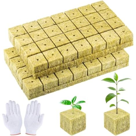 56 trous cubes de laine de roche 4 x 4 x 4 cm avec gants, cubes de plantation en laine de roche pour fournitures de tour de jardin hydroponique, semis sans sol pour serre à tomates, herbes, orchidées