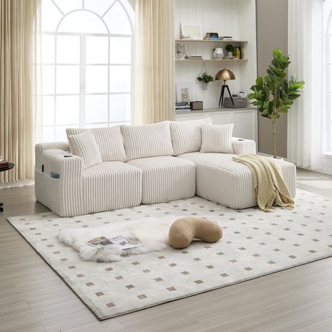 Ensemble canapé modulaire avec méridienne et 2 places, revêtement en velours côtelé doux, 5 coussins, poches latérales et porte-gobelets, mousse haute densité, combinaison DIY, idéal pour salon, appar (1/5)