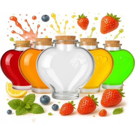 Lot de 5 bouteilles en verre LOVE 650 ml en forme de cœur avec bouchon en liège, idéales pour les liqueurs (cadeau de mariage). (1/5)