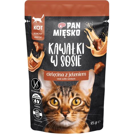 Viandes en sauce  Aliment complet humide pour chat  Morceaux en sauce - Sachet de 85 g - Veau et cerf 85 g