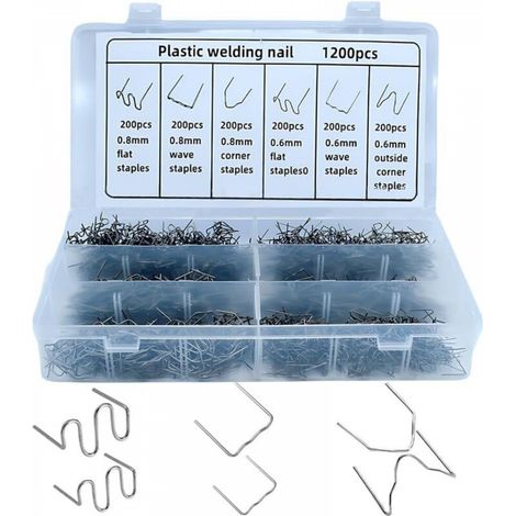 Kit de soudage plastique automobile 1 200 pièces, 6 formes assorties, baguettes de soudage par points chauds de 0,6 à 0,8 mm avec boîte de rangement, kit de réparation par points (1/3)