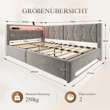 Polsterbett 140x200 cm mit Stauraum, Samtbett mit LED-Beleuchtung an Kopf- und Fußteil, USB & Type-C, hydraulischem Bettkasten, Lattenrost, Jugendbett Einzelbett für Schlafzimmer, Grau (1/5)