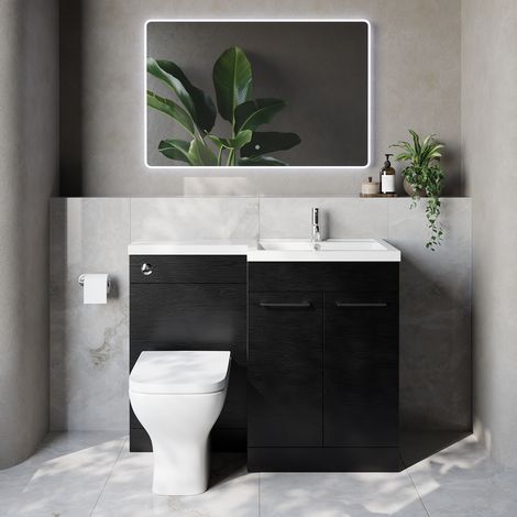 Napoli 460 Nero Oak 1100mm 2 Door Vanity Unit Toilet Suite with Right Hand Square Lucia Basin - 1100mm - Chrome 160mm HandleWith Kingston Toilet Pan and Seat
