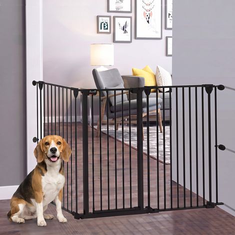 Clôture pour animaux pliable en acier, 3 panneaux, double verrouillage et verrouillage auxiliaire, 206 x 90 cm, noire (1/5)