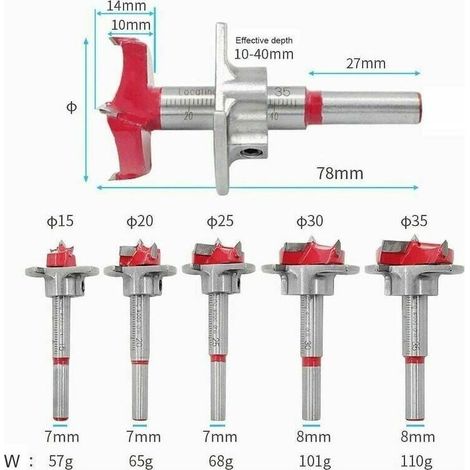 Wood Drill Bit, 5pcs(1535mm) Adjustable Positioning Wood Countersink Bit Set, Carbide Hole Saw with Depth Stop (Depth Range 1040mm) (1/4)